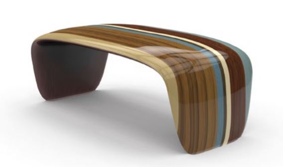 Banc Venice - Création de Jean-Marc GADY, Réalisation de Craman-Lagarde, pour Fort Royal © Fort Royal - Marqueterie bois exotiques - Inspiration Planche de surf Longboard Banc Venice - Création de Jean-Marc GADY, Réalisation de Craman-Lagarde, pour Fort Royal © Fort Royal - Marqueterie bois exotiques - Inspiration Planche de surf Longboard